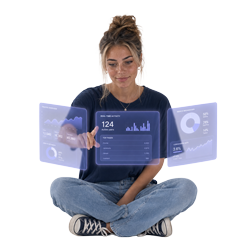 A woman exploring illustrated analytics panels.