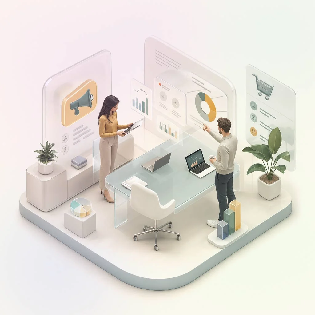 Marketing and sales colleagues reviewing shared charts around a glass desk in a light isometric workspace.