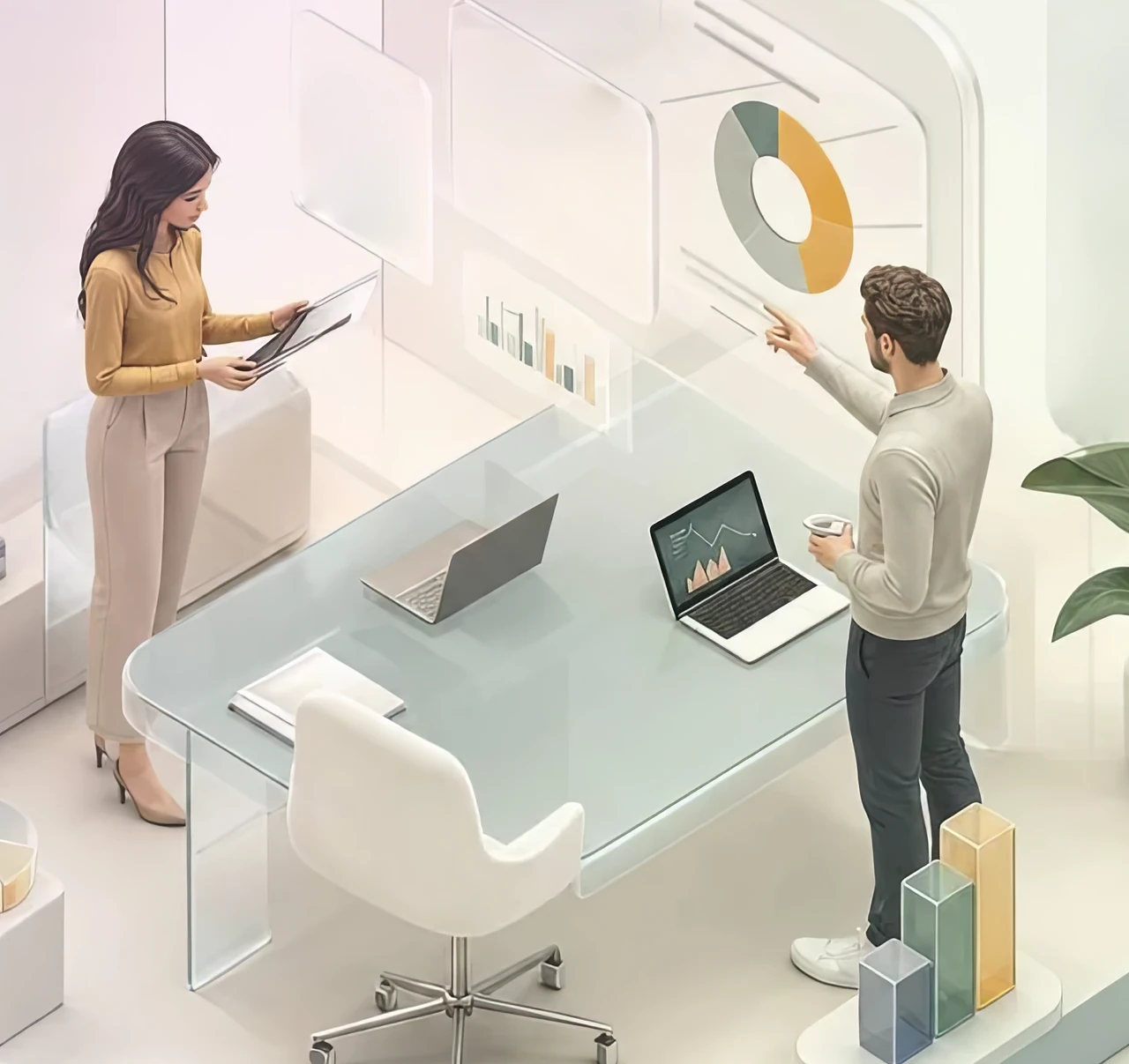 Illustration: two colleagues in an isometric glass office, a woman reading her tablet beside a glass desk with two laptops and a man pointing at a chart on the glass wall.
