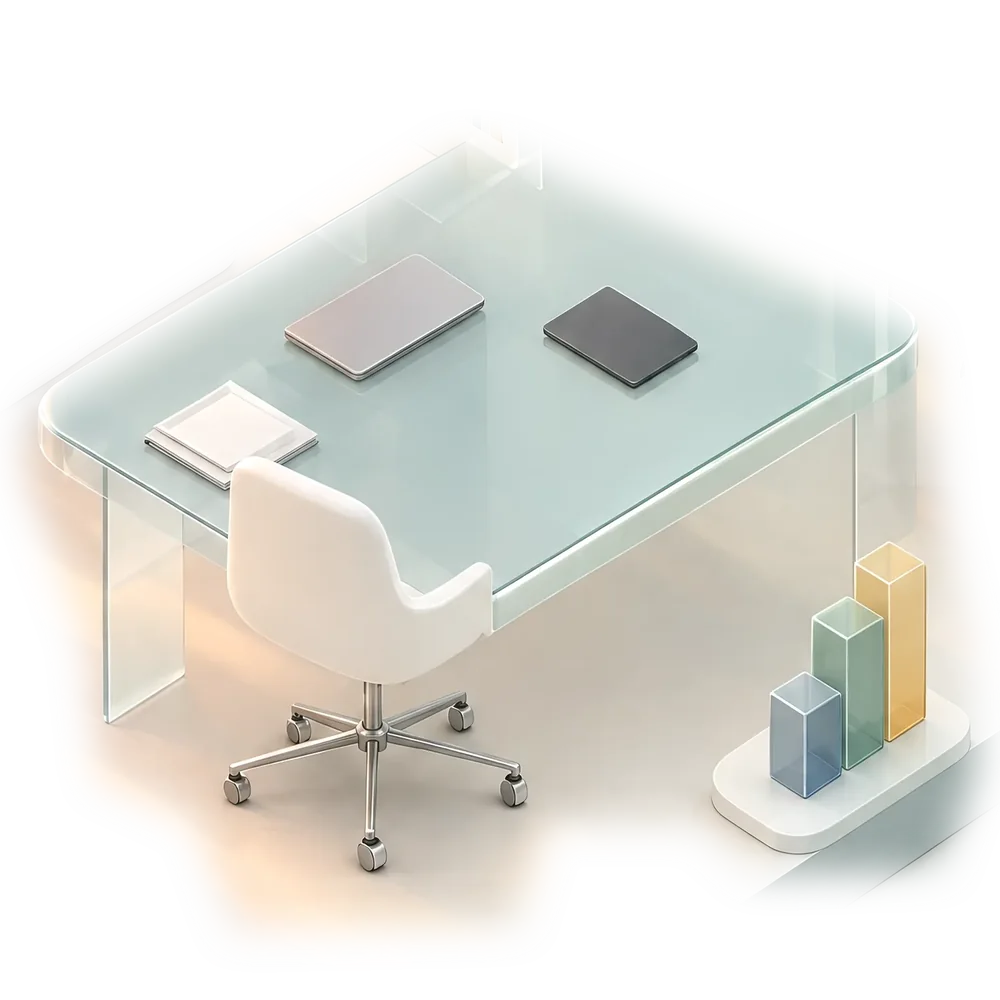 Illustration: the same glass studio at early evening, close on the glass desk with two closed laptops, the white chair tucked in and three acrylic bars beside it.