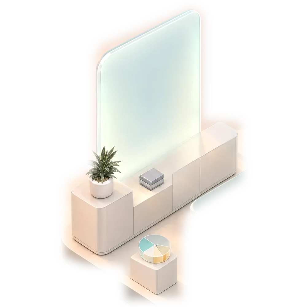 Illustration: the same glass studio at early evening, close on the tall glass pane on the left wall, glowing softly in teal over a low white cabinet with a snake plant.